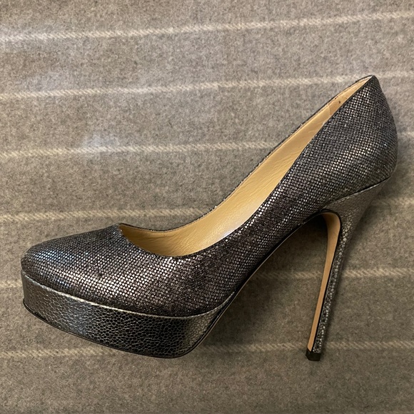 Jimmy Choo Silver Glitter Platform Heels - Picture 3 of 5
